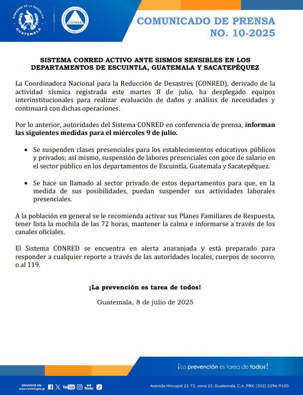 👀 Actualización (día de muchas 😅): pese a que <a href="/BArevalodeLeon/">Bernardo Arévalo</a> dijo que la suspensión laboral «es pública y privada», la <a href="/ConredGuatemala/">CONRED</a> aclara que solo es pública: «Se hace un llamado al sector privado […] para que, en la medida se sus posibilidades, puedan suspender […]».