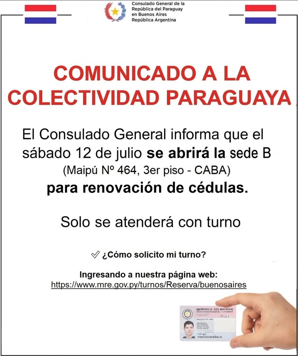 🇵🇾 INFORMACION IMPORTANTE 🇵🇾

No te olvides de obtener tu turno 

mre.gov.py/turnos/inicio/… 

<a href="/mreparaguay/">Ministerio de Relaciones Exteriores</a> <a href="/EmbajadaParArg/">Embajada del Paraguay en Argentina</a>  <a href="/CaneteCelia/">Celia Cañete</a>