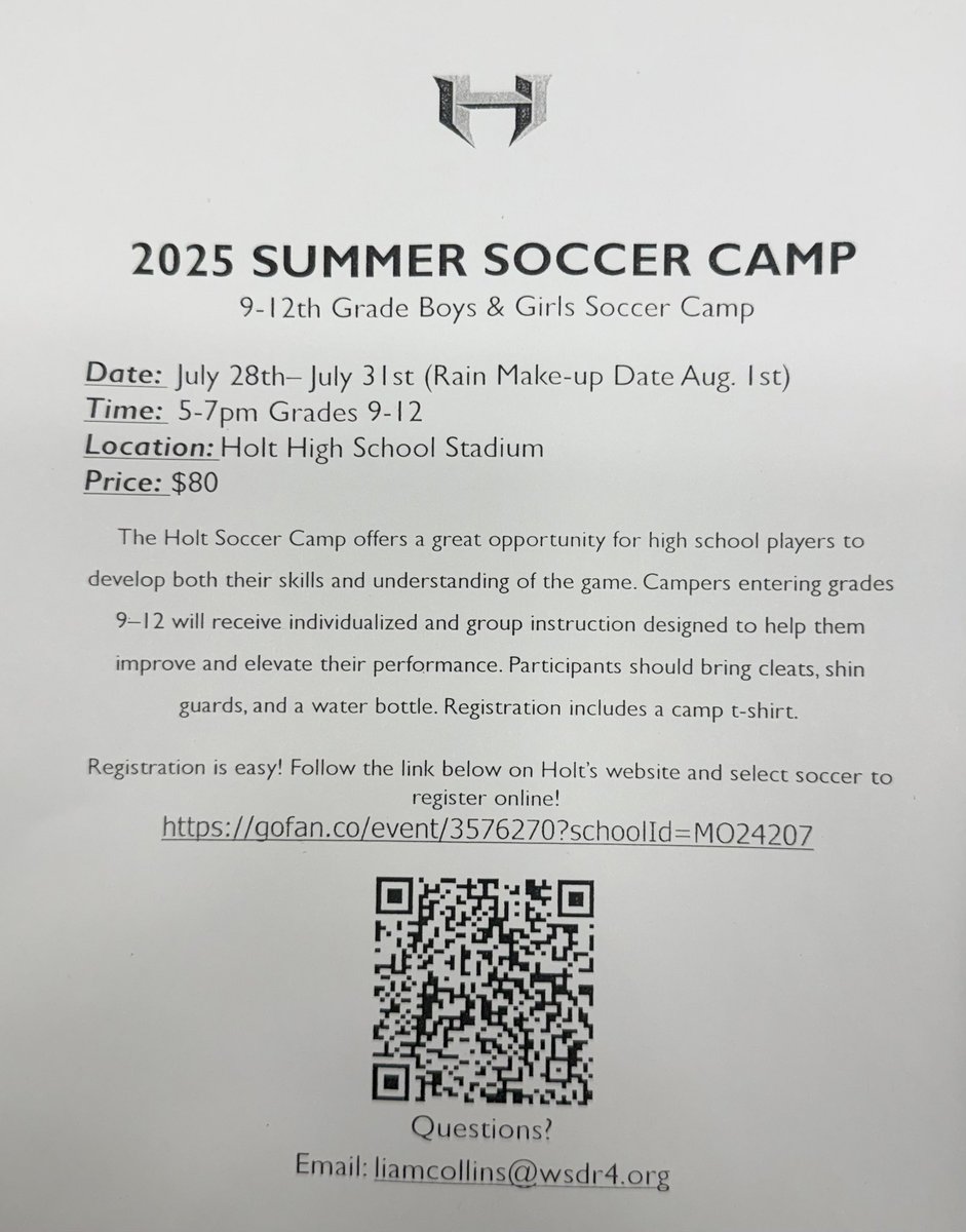 There’s still time to sign up for our high school camp! Spread the word!

All the information is included in the attached flyer.

We’re looking forward to a fun week of soccer!

#WeAreHolt⚽️
