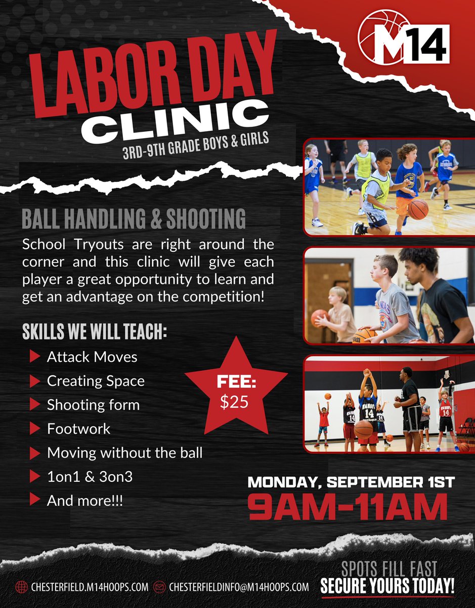 m14hoopsche's tweet image. We’re excited to launch our fall training programs—designed to help young players build skills, boost confidence, and continue to grow their love for the game.🏀
Let’s continue to get better this season!📈 #M14HoopsChesterfield🚨 #Repthe14✔️