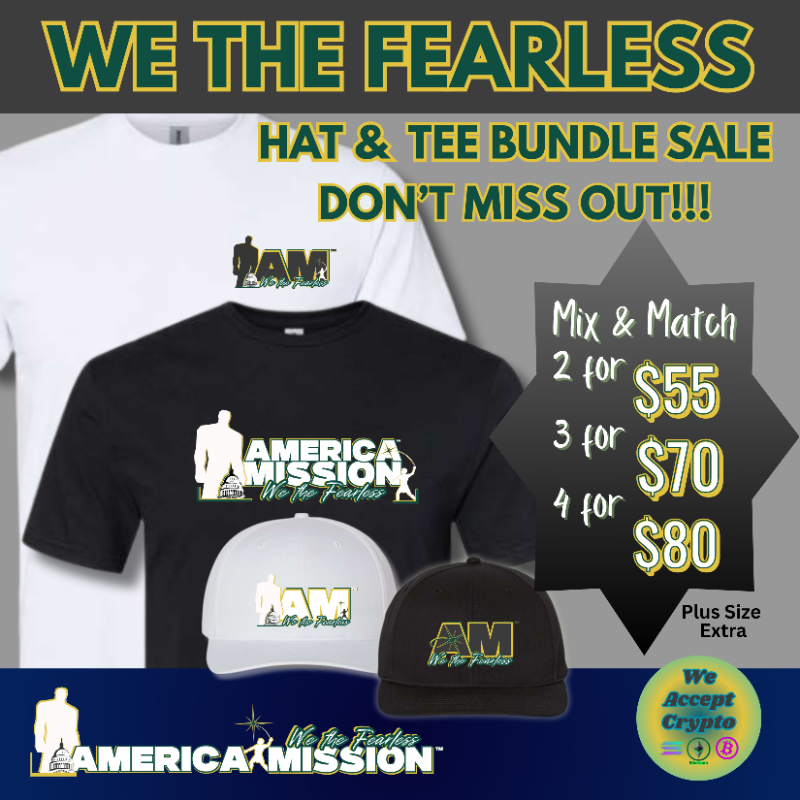 AmericaMission_'s tweet photo. ATTENTION!!!
@AmericaMission_'s New Logo Hat &amp; T-Shirt Bundle Sale Is Going On Now!  

Inspired by David &amp; Goliath, this design represents fearless Americans standing up against all odds. 

You can mix &amp; match &amp; get 4 items for $80!!! 

We accept Crypto!