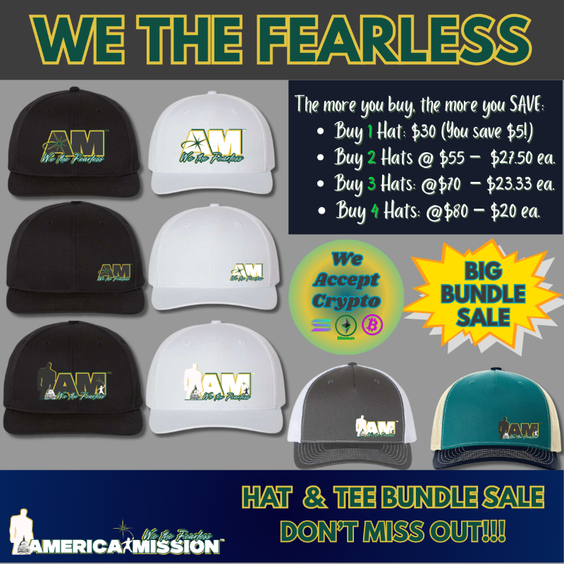 AmericaMission_'s tweet photo. ATTENTION!!!
@AmericaMission_'s New Logo Hat &amp; T-Shirt Bundle Sale Is Going On Now!  

Inspired by David &amp; Goliath, this design represents fearless Americans standing up against all odds. 

You can mix &amp; match &amp; get 4 items for $80!!! 

We accept Crypto!