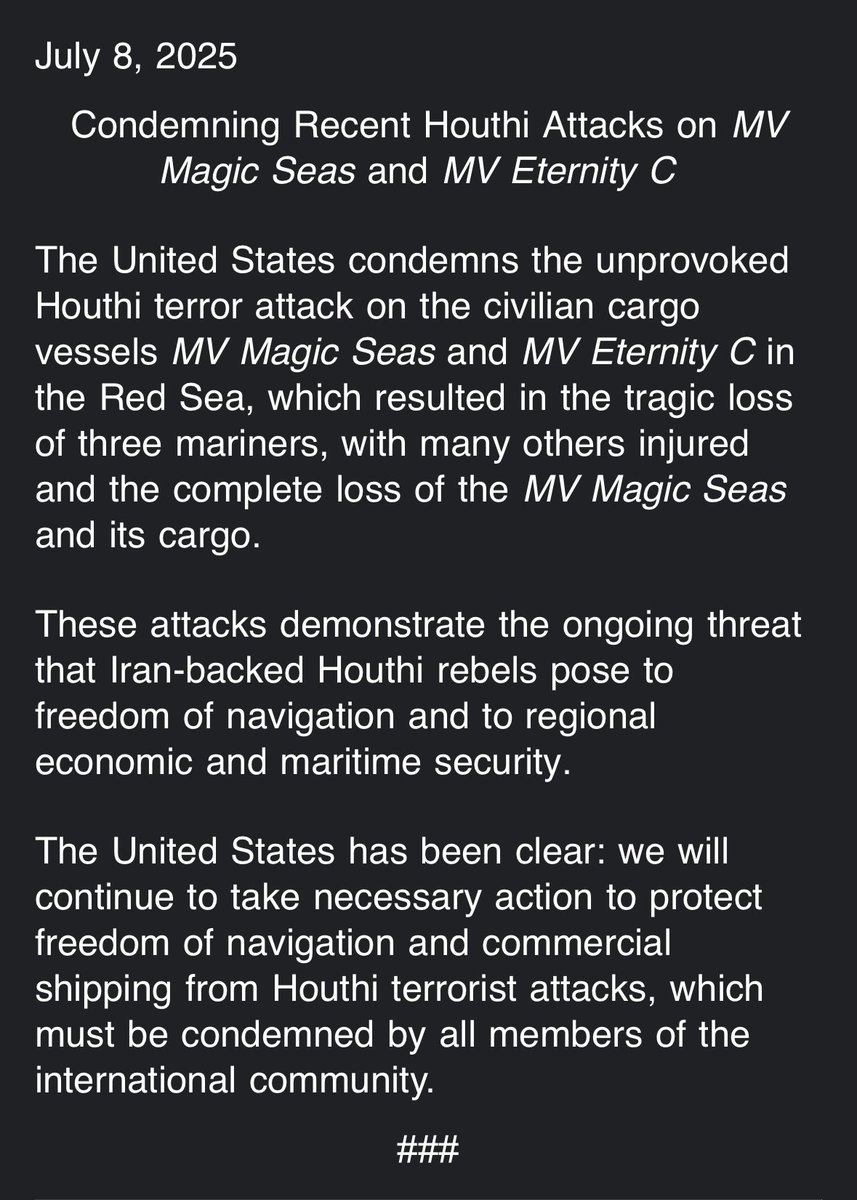 State Department on the fresh round of Houthi attacks on Red Sea shipping: