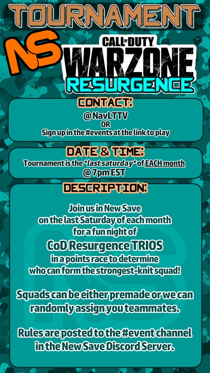 NavLTTV's tweet image. HEY
@NewSaveTV's Warzone Resurgence tournament for July (the 26th) is coming up! Check out the page's Discord for more information.
Sign up here:
docs.google.com/forms/d/e/1FAI…