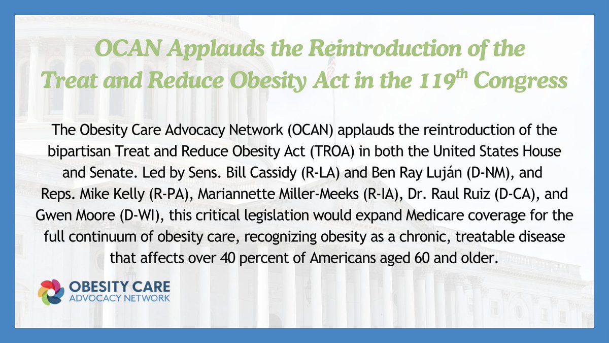 DiabetesPAC's tweet image. The Treat and Reduce Obesity Act has been reintroduced in Congress! We are thrilled to see this legislation move forward. Thank you @SenBillCassidy, @SenLujan, @MikeKellyPA, @RepRaulRuizMD, @RepMMM, and @RepGwenMoore for your continued leadership.
obesitycareadvocacynetwork.com/news/ocan-appl…
