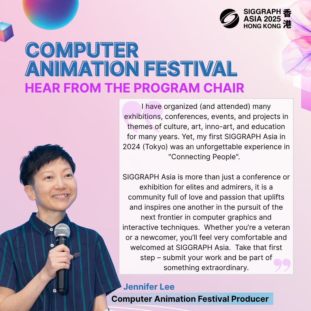 SIGGRAPHAsia's tweet image. 🎬 “Take that first step – submit your work and be part of something extraordinary.”
– Jennifer Lee, Computer Animation Festival Producer
Share your work at #SIGGRAPHAsia2025 in Hong Kong!
🗓️ Submit by 13 July, 23:59 AoE
👉 bit.ly/sa25-submissio…
#SACAF #VFX #AI