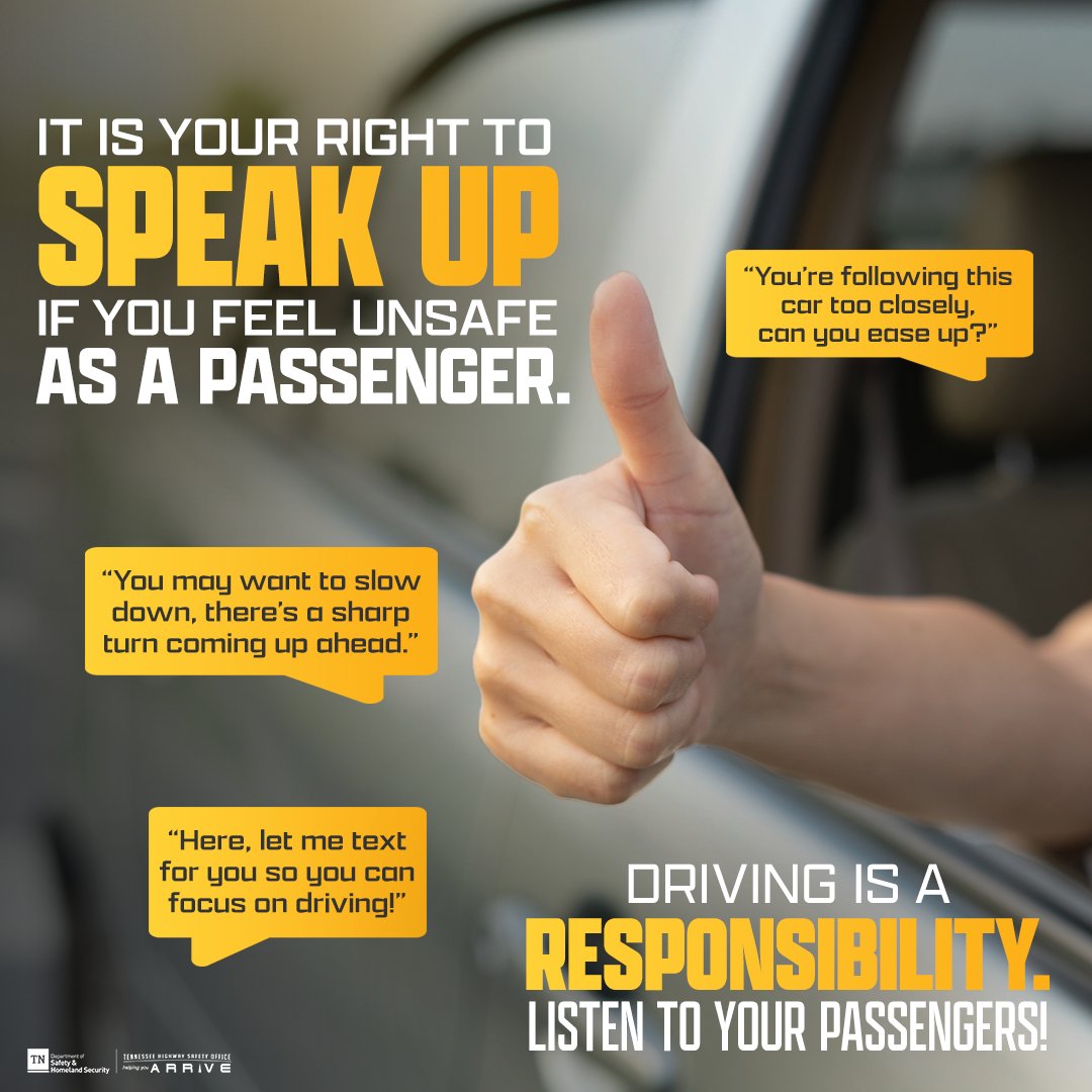 THPLawrencebur's tweet image. 🗣️ Even as a passenger, you can play a role in keeping everyone safe on the road. Have you ever been nervous riding with someone who drives recklessly? A dangerous situation could be prevented with even a gentle intervention. #PassengerSafety #SlowDownTN