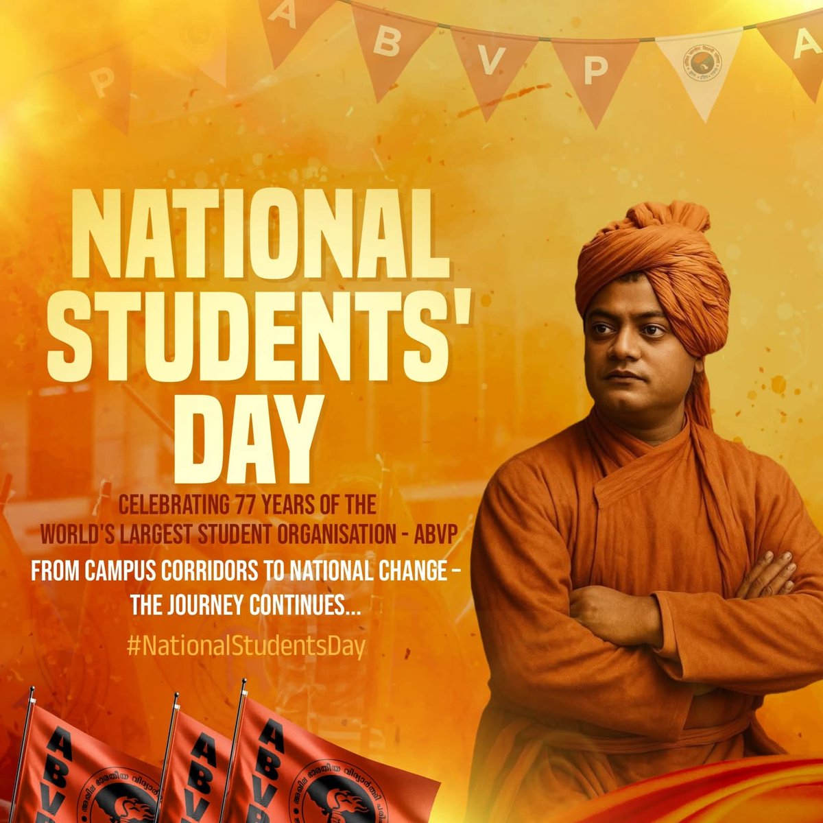 abvpmanstate's tweet photo. 77 Years of Shaping Bharat’s Future - From classrooms to the catalyst of change, ABVP has stood as the voice of nationalist student power, igniting minds and empowering youth to lead with character, conviction, and commitment to Rashtra.

#NationalStudentsDay #77YearsofABVP https://t.co/6sFQOMkuW4