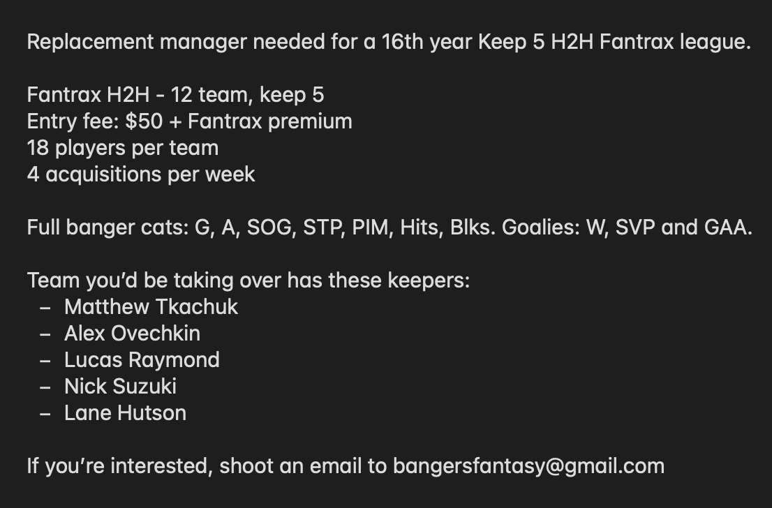 HockeyBangers's tweet photo. Are you ready to join the big leagues? 1 spot just opened up the home league that I run (16th year). Keep 5, 12 team full banger on Fantrax 👇 https://t.co/dQPELtQuxh