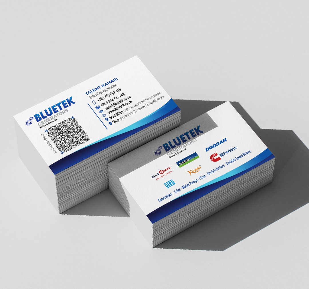 Getting them ready to make  POWERful connections! Check out the fresh business card design for Bluetek Generators.

 For business cards designing &amp; printing: 
App :  wa.me/+263713519410  
Call : 0713519410 / 0775431868
Email : sales@brandsbydart.com x.com/messages/compo…