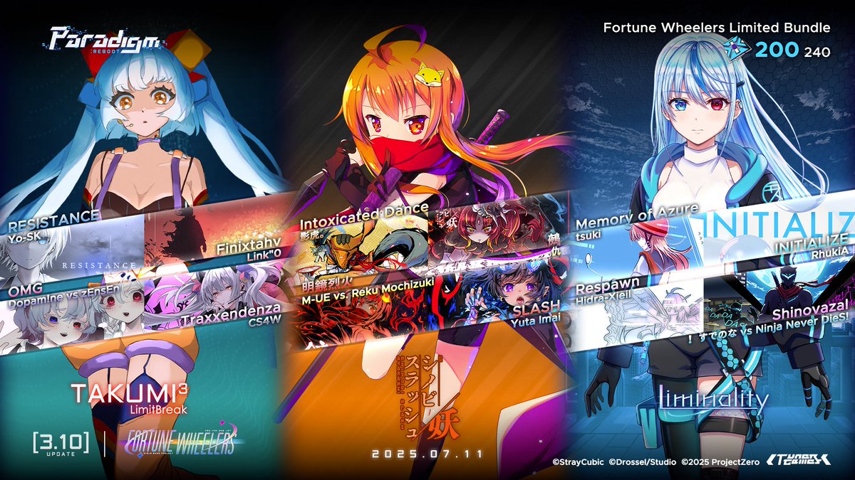 ParadigmReboot's tweet image. [v3.10 Update]

v3.10 is now released!
TAKUMI³ &amp;amp; SHINOBI SLASH &amp;amp; Liminality Special Collaboration Selection &quot;Fortune Wheelers&quot;, together with &quot;4.T.U.N.A.&quot;, the mysterious band by four girls with different identities, are waiting to encounter you!

In addition, do not forget our…