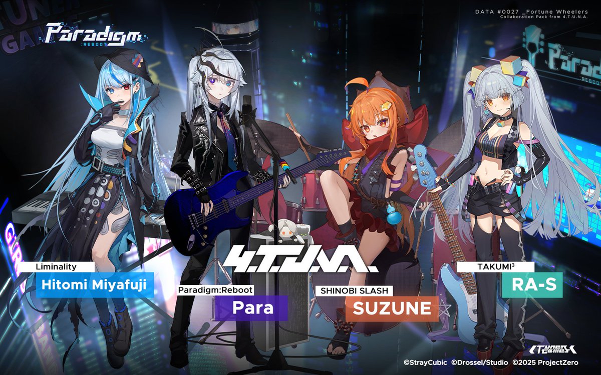 ParadigmReboot's tweet image. [v3.10 Update]

v3.10 is now released!
TAKUMI³ &amp;amp; SHINOBI SLASH &amp;amp; Liminality Special Collaboration Selection &quot;Fortune Wheelers&quot;, together with &quot;4.T.U.N.A.&quot;, the mysterious band by four girls with different identities, are waiting to encounter you!

In addition, do not forget our…