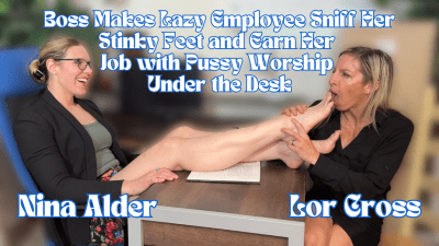 Boss Nina Alder makes Lazy Employee Lora Cross Sniff Her Stinky Feet and Earn Her Job with Pussy Worship Under the Desk iwe.one/KDo7A