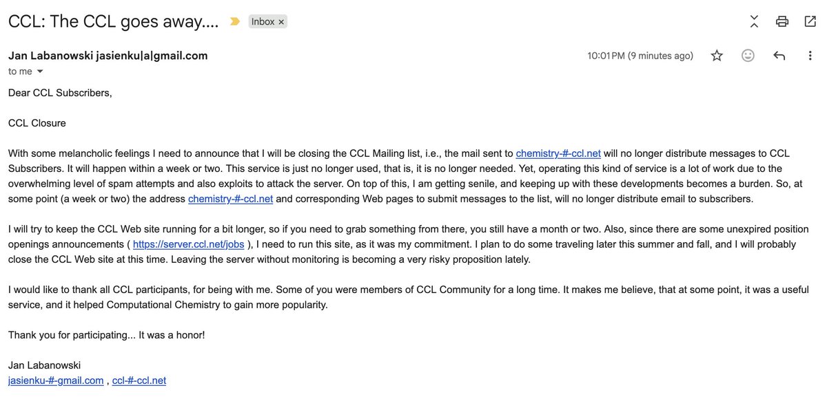 rguha's tweet image. For #compchem tweeps, an end of an era - CCL.net will shut down
My first post on the list ~ 27 years ago started me down the path of QM and then comp chem