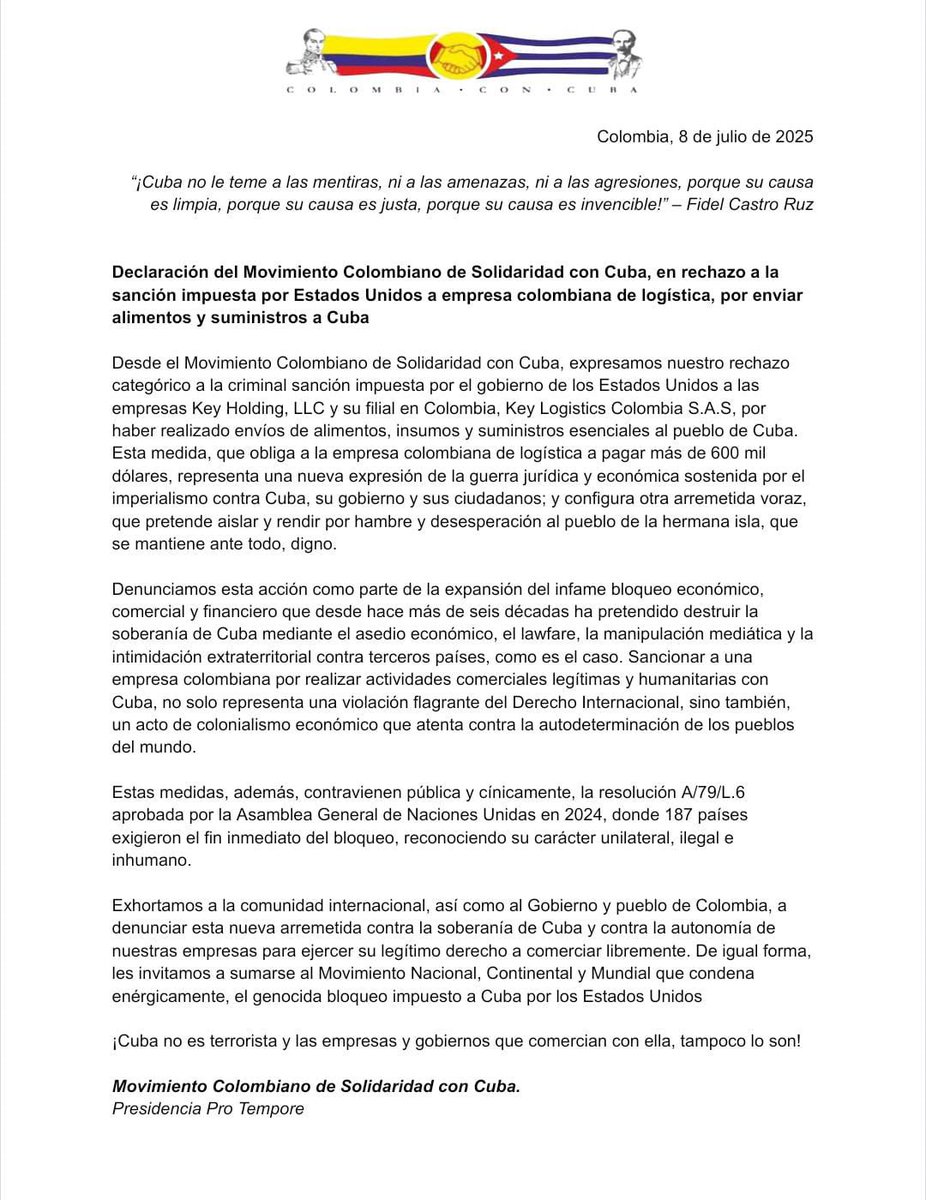 🇨🇺⚠️🇨🇴 || Declaración del Movimiento Colombiano de Solidaridad con Cuba, en rechazo a la sanción impuesta por Estados Unidos a empresa colombiana de logística, por enviar alimentos y suministros a Cuba.