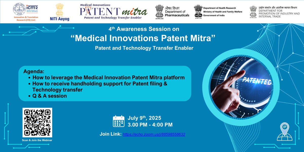 ICMR (@icmrdelhi) on Twitter photo Join the ICMR-<a href="/NITIAayog/">NITI Aayog</a> -<a href="/Pharmadept/">Department of Pharmaceuticals 🇮🇳</a> -DPIIT #PatentMitra Awareness Session!
🗓️ July 9, 2025 | 🕒 3:00 PM IST
🔗 echo.zoom.us/j/88598558632 | ID: 885 9855 8632
Empowering medical innovators with IP support & tech transfer help.
#ICMR #MedicalInnovation Join the ICMR-<a href="/NITIAayog/">NITI Aayog</a> -<a href="/Pharmadept/">Department of Pharmaceuticals 🇮🇳</a> -DPIIT #PatentMitra Awareness Session!
🗓️ July 9, 2025 | 🕒 3:00 PM IST
🔗 echo.zoom.us/j/88598558632 | ID: 885 9855 8632
Empowering medical innovators with IP support & tech transfer help.
#ICMR #MedicalInnovation