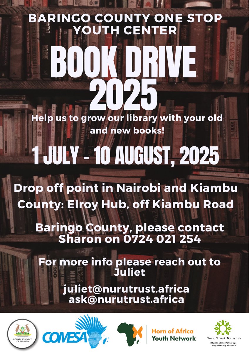 Horn of Africa Youth Network (@hornofayn) on Twitter photo Have books you no longer need? Let’s turn them into opportunity!We’re building a community library at a One-Stop Youth Centre in #BaringoCounty a joint effort with <a href="/COMESA_GPS/">COMESA Governance, Peace and Security</a> & <a href="/NuruTrustKenya/">Nuru Trust Network Kenya</a>
Donate books:Drop-off: Elroy Hub (off Kiambu Rd)/Reach out to juliet@nurutrust.africa Have books you no longer need? Let’s turn them into opportunity!We’re building a community library at a One-Stop Youth Centre in #BaringoCounty a joint effort with <a href="/COMESA_GPS/">COMESA Governance, Peace and Security</a> & <a href="/NuruTrustKenya/">Nuru Trust Network Kenya</a>
Donate books:Drop-off: Elroy Hub (off Kiambu Rd)/Reach out to juliet@nurutrust.africa