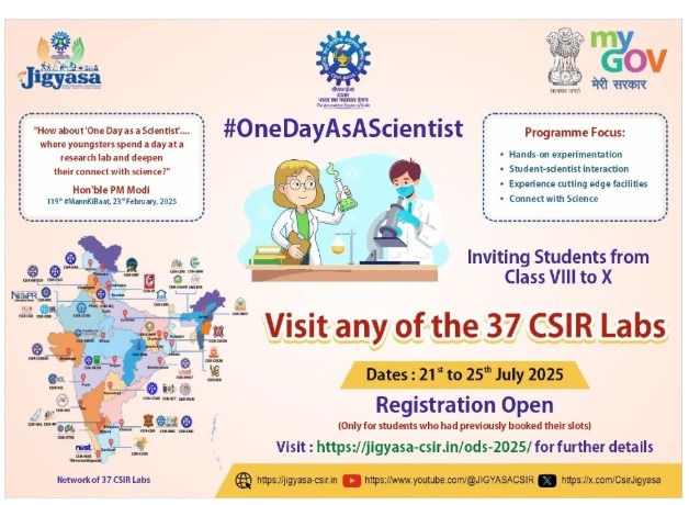 csirnbrilko's tweet image. 🔬✨ Ever wondered what it's like to be a scientist for a day?
🔬 Be a scientist for a day!
Students (Class VIII–X) can visit any of 37 CSIR labs under the #OneDayAsAScientist program from 21–25 July 2025.
🔗 Register (pre-booked only): jigyasa-csir.in/ods-2025
@akshasany