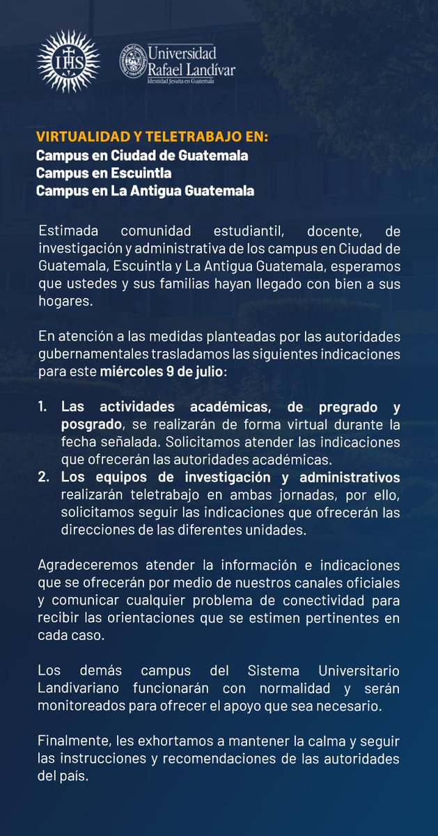 #AvisoURL | Estimada comunidad landivariana, les compartimos información importante, respecto a las actividades académicas y administrativas del miércoles 9 de julio en Ciudad de Guatemala, Escuintla y La Antigua Guatemala.