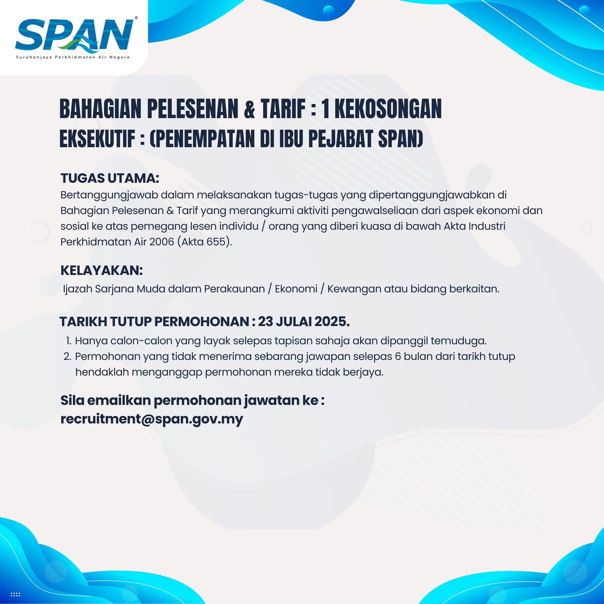 Suruhanjaya Perkhidmatan Air Negara (@span_malaysia) on Twitter photo Senarai jawatan yang ditawarkan :
π.πππ¦πππ¨π§ππ
(ππππππππ‘ π£ππππ¦ππ‘ππ‘ & π§ππ₯ππ)
E-mel permohonan lengkap anda ke alamat recruitment@span.gov.my sebelum 23 Julai 2025 (Rabu).
#spanmalaysia Senarai jawatan yang ditawarkan :
π.πππ¦πππ¨π§ππ
(ππππππππ‘ π£ππππ¦ππ‘ππ‘ & π§ππ₯ππ)
E-mel permohonan lengkap anda ke alamat recruitment@span.gov.my sebelum 23 Julai 2025 (Rabu).
#spanmalaysia