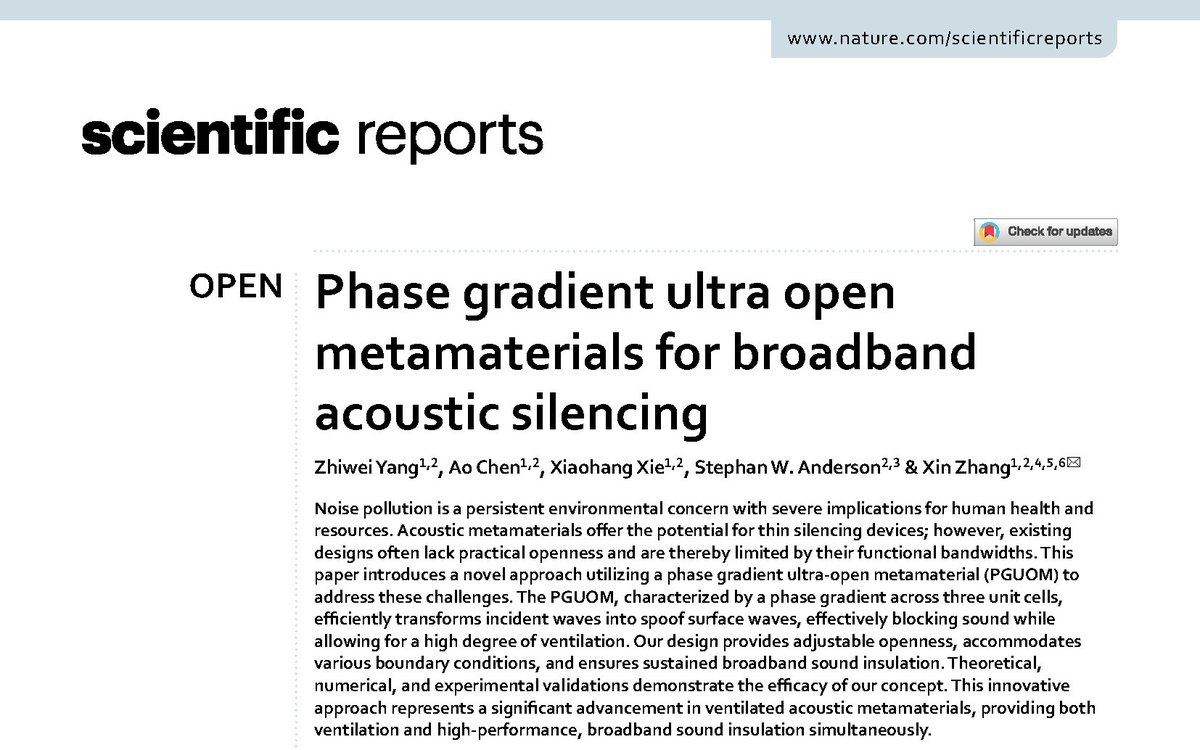 📄Just out: Our paper "Phase Gradient Ultra-Open Metamaterials for Broadband Acoustic Silencing" Scientific Reports, 15: 21434  (nature.com/articles/s4159…) 📷We hope this work marks a meaningful step toward practical, high-performance noise-control solutions that preserve airflow.