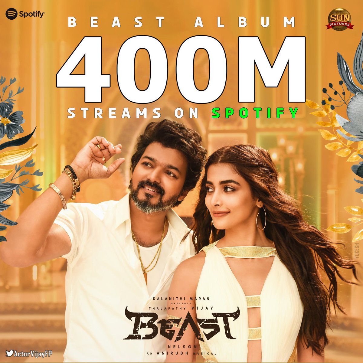 Beast Fan Page (@beasttamilmovie) on Twitter photo MASSIVE 400 MILLION+ Streams for #BEAST Tamil Album on <a href="/spotifyindia/">Spotify India</a> 🔥💥
Thalapathy <a href="/actorvijay/">Vijay</a> <a href="/Nelsondilpkumar/">Nelson Dilipkumar</a> <a href="/anirudhofficial/">Anirudh Ravichander</a> <a href="/hegdepooja/">Pooja Hegde</a> <a href="/sunpictures/">Sun Pictures</a> MASSIVE 400 MILLION+ Streams for #BEAST Tamil Album on <a href="/spotifyindia/">Spotify India</a> 🔥💥
Thalapathy <a href="/actorvijay/">Vijay</a> <a href="/Nelsondilpkumar/">Nelson Dilipkumar</a> <a href="/anirudhofficial/">Anirudh Ravichander</a> <a href="/hegdepooja/">Pooja Hegde</a> <a href="/sunpictures/">Sun Pictures</a>