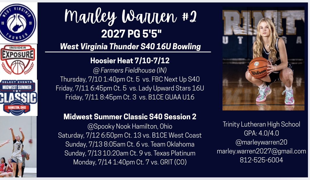 Marley Warren (@marleywarren20) on Twitter photo Come check me and my teammates out this weekend at Hoosier Heat and S40 Session 2! <a href="/WVTBowling/">WVThunder 2027 S40</a> <a href="/dannyriego/">Danny Riego</a> <a href="/LadyCougarWBB/">Trinity Lady Cougar Hoops</a> Come check me and my teammates out this weekend at Hoosier Heat and S40 Session 2! <a href="/WVTBowling/">WVThunder 2027 S40</a> <a href="/dannyriego/">Danny Riego</a> <a href="/LadyCougarWBB/">Trinity Lady Cougar Hoops</a>