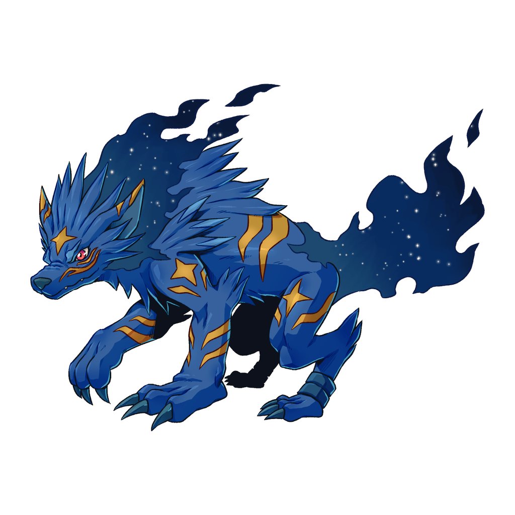JuniorM15640352's tweet image. Lycastermon
Attacks: Howling Nova- A novablast from its mouth.
Cosmic Hunt- A pack of cosmic wolves form from its mane and tail to attack.
Gatling Lunation- Summons an energy ball that rapidly spins in the moon phases shooting out energy.
#digifake #digimonoc #digipartner