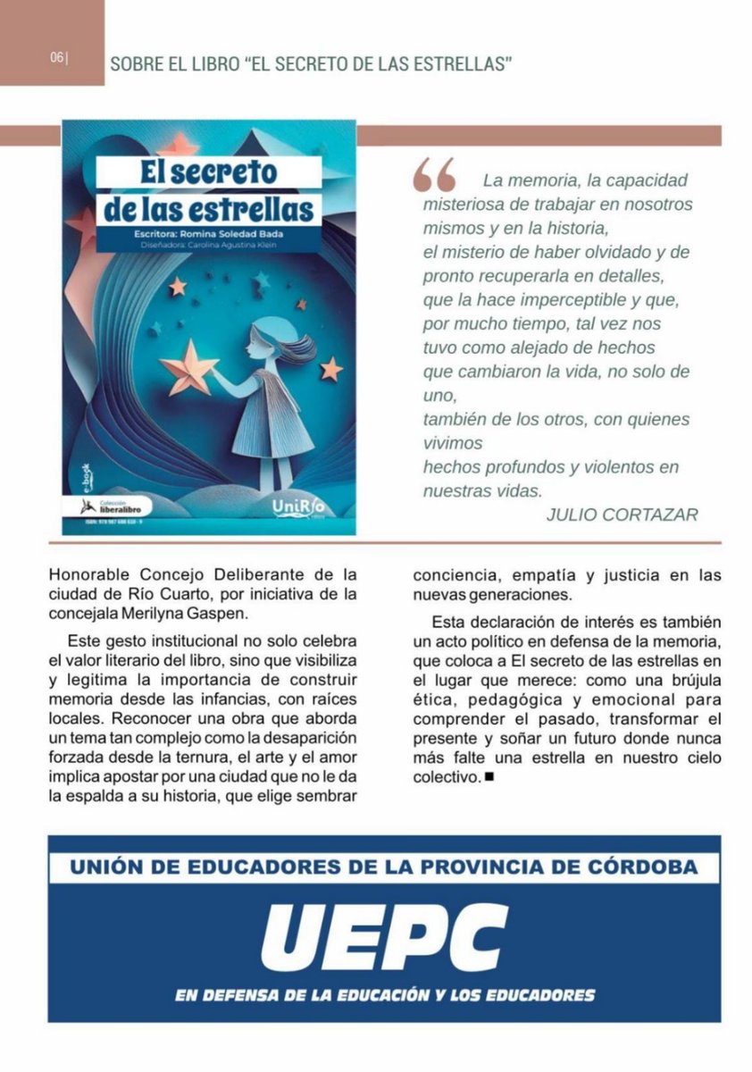RominaSBada's tweet photo. Agradecemos la difusión de nuestro libro "El secreto de las estrellas" en la revista de Villa María (Córdoba) Educando para la cohesión social. 

#elsecretodelasestrellas #rominasoledadbada #mujerpoeta https://t.co/drHYJkII1W