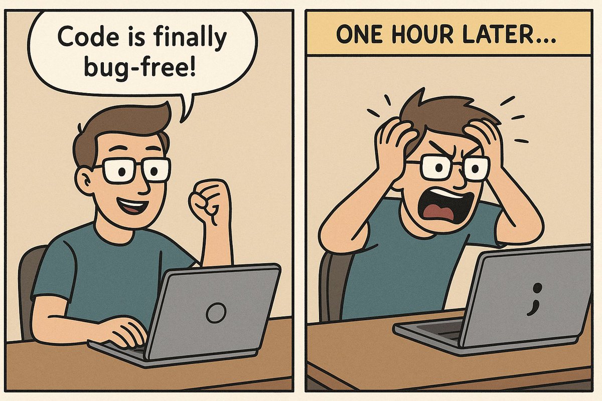 SaptaCode's tweet image. The bug wasn&apos;t in the code...
It was in my confidence.
#DeveloperLife #BugFixing #CodeStruggles #meme
