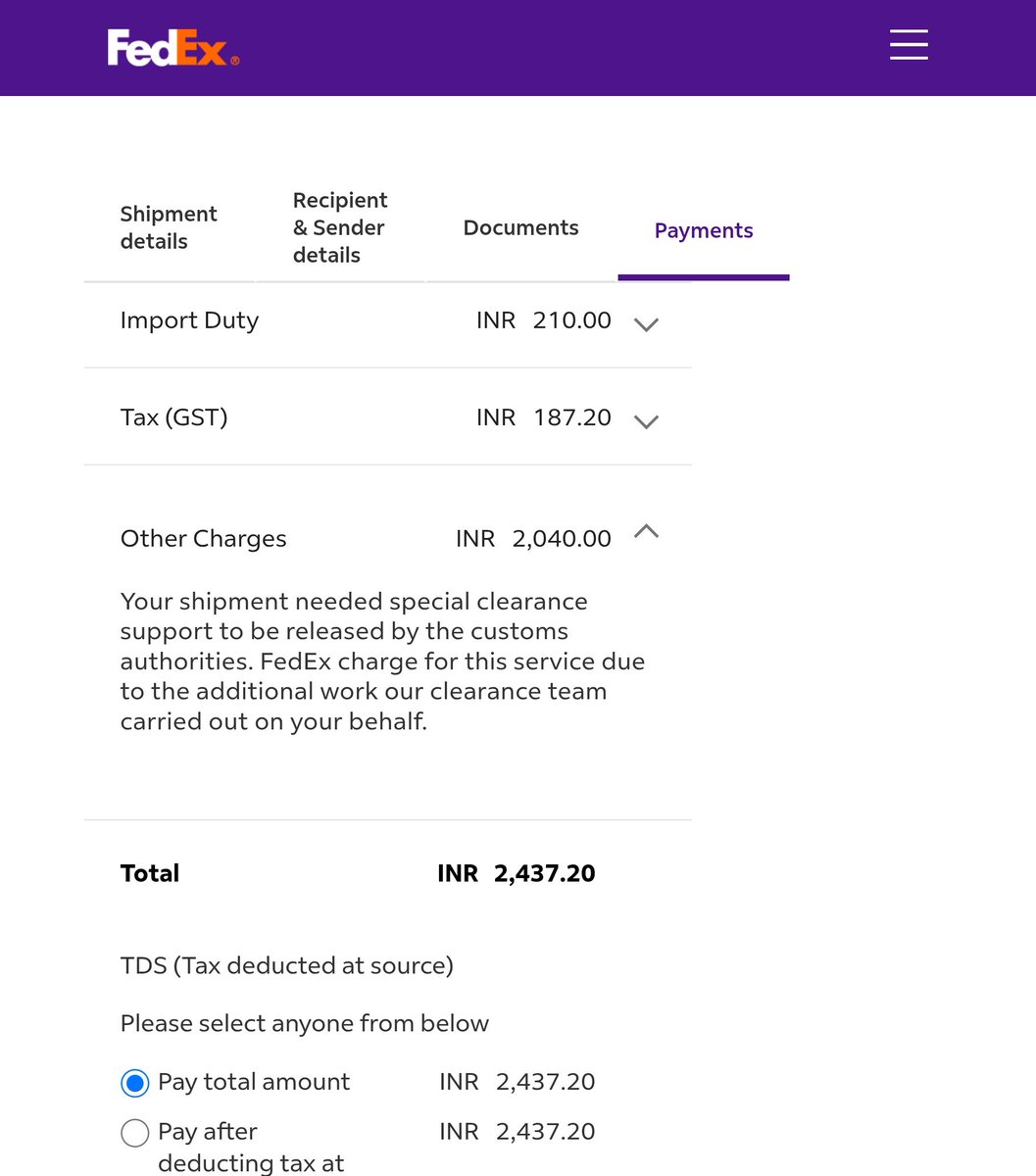 thesahil's tweet photo. Just got charged ₹2,000 by @FedEx for “special clearance support”on a shipment worth. wait for it. €4.
All they did was send me an email asking for a bill. At this point, I should be charging them for emotional damage. @fedexmeisa #FedExFraud #PremiumEmailService
#CustomsScam https://t.co/7fWd3JBtHn
