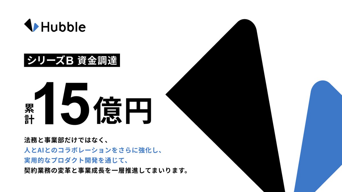【プレスリリース🎉】
契約業務・管理クラウドサービスを提供するHubbleは、シリーズB累計で15億円の資金調達を実施しました！
ご支援いただいた皆さまに心より感謝申し上げます。
生成AIを活用した技術開発と、契約DXを支える“業務基盤”の構築をさらに加速してまいります。

▼詳細はこちら