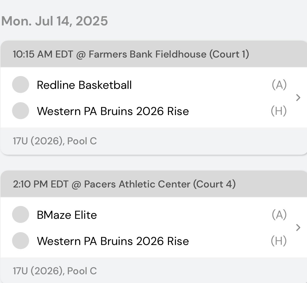 After tuning up at <a href="/InsiderExposure/">InsiderExposure</a> Hoosier Heat we continue our quest to <a href="/UANextGHoops/">Girls UAA</a> Rise Finals.  Last time we were at 17U, in 2023,  we made the finals and lost a great game.  Let’s see if this year we are good enough to get it done.  We concluded our last of 41 practices