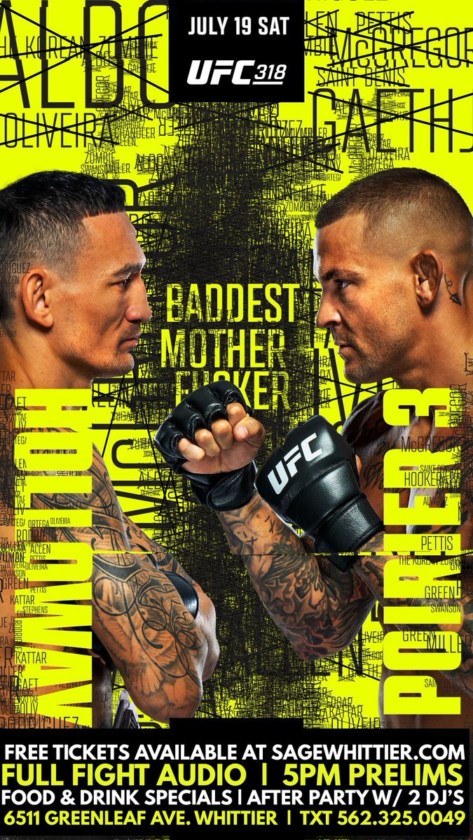 RinaldiProject's tweet image. 🥊 Fight Night with Purpose
Join us July 19 @SageWhittier for #UFC318!

🎟️ $5 Raffle = Win Don Julio 1942
👕 Limited edition tee drop
🪖 Support veterans rebuilding life after service

Doors open 5PM
Your night out = Their next mission. 🇺🇸
#RinaldiProject #SupportVets