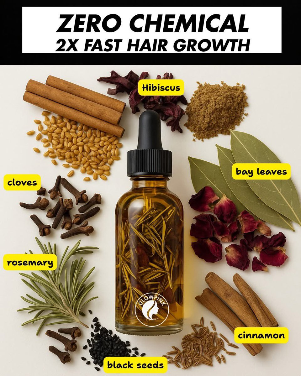 Zero Chemical, Two Times Faster Hair Growth!

For Hair Loss, Thin Hair, and Weak Hair

Ingredients:

- 1 tablespoon Hibiscus
- 2 bay leaves
- 1 stick Cinnamon
- 1 tablespoon Cloves
- 1 tablespoon Fenugreek
- 2 tablespoons Rosemary
- 1 tablespoon Black Seeds
- 500 mL Sesame Oil or