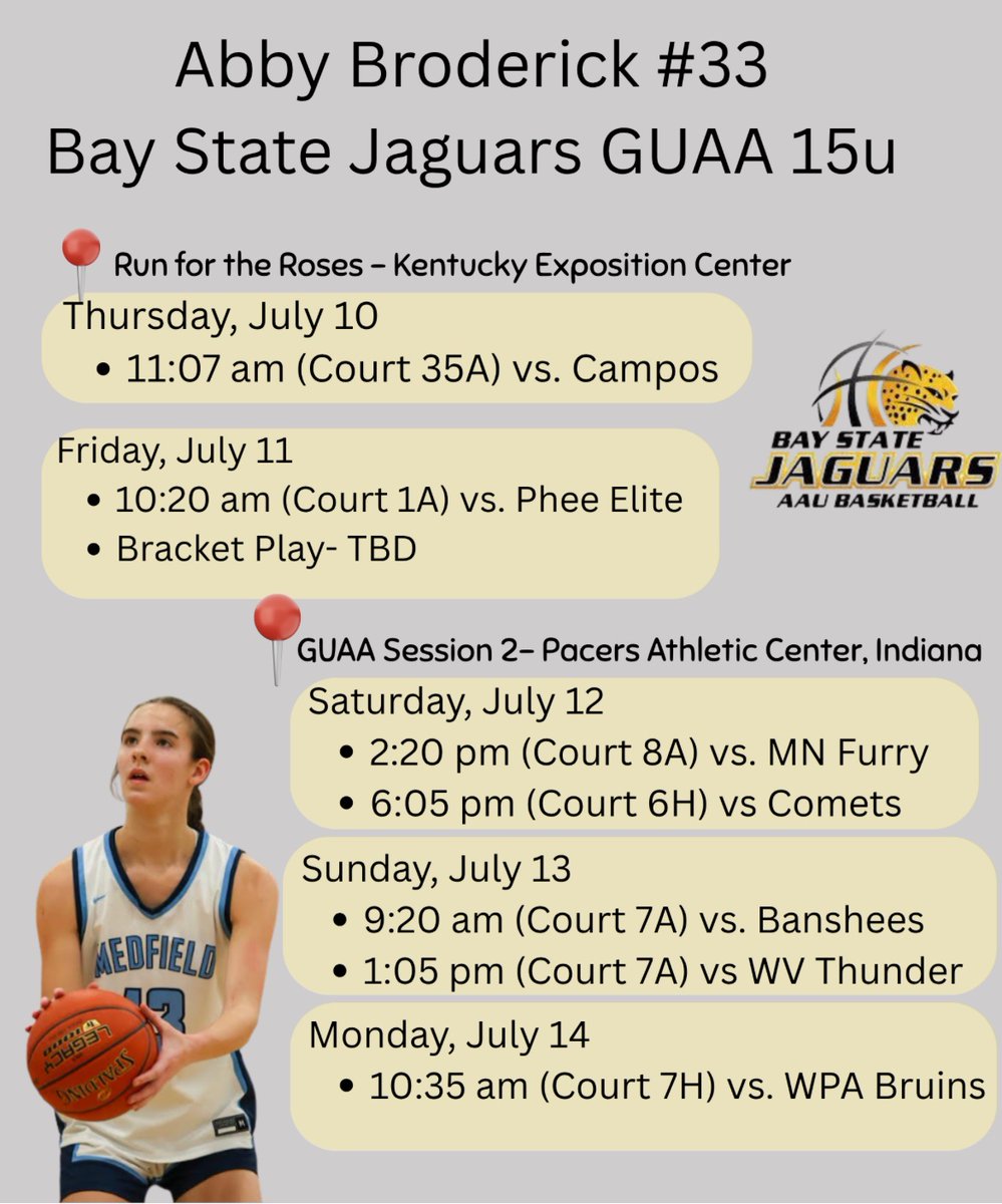 Abigail Broderick (@abbyjbroderick) on Twitter photo So exited to compete with my teammates! Here is my schedule for Kentucky and Indiana. <a href="/BayStateJags/">Bay State Jaguars</a> <a href="/JagsRecruiting/">Bay State Jaguars Recruiting</a> <a href="/mnick40/">Medfield GirlsHoop</a> So exited to compete with my teammates! Here is my schedule for Kentucky and Indiana. <a href="/BayStateJags/">Bay State Jaguars</a> <a href="/JagsRecruiting/">Bay State Jaguars Recruiting</a> <a href="/mnick40/">Medfield GirlsHoop</a>
