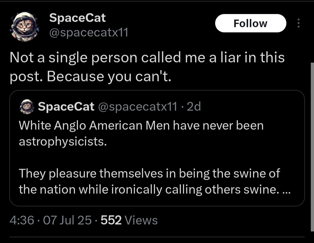 NetrunnerRonin's tweet image. But have you read them? If so, then you know the line I'm referencing in Mein Kampf. About a jew forgetting the conversation, exactly what you did.

You're a divisive multiculturalist, LARPing as a National Socialist, obfuscating the jewish question by blaming other Whites.