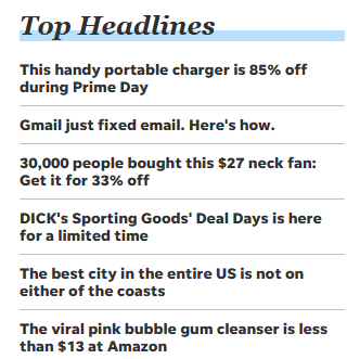 SteveTredup's tweet photo. #USAToday This is what I get when I pay for a subscription to @USATODAY - 4 of the 6 "Top Headlines" are affiliate advertisements, NOT news; and certainly not a "Headline". I receive better junk mail than this. https://t.co/H95ACHdFbp
