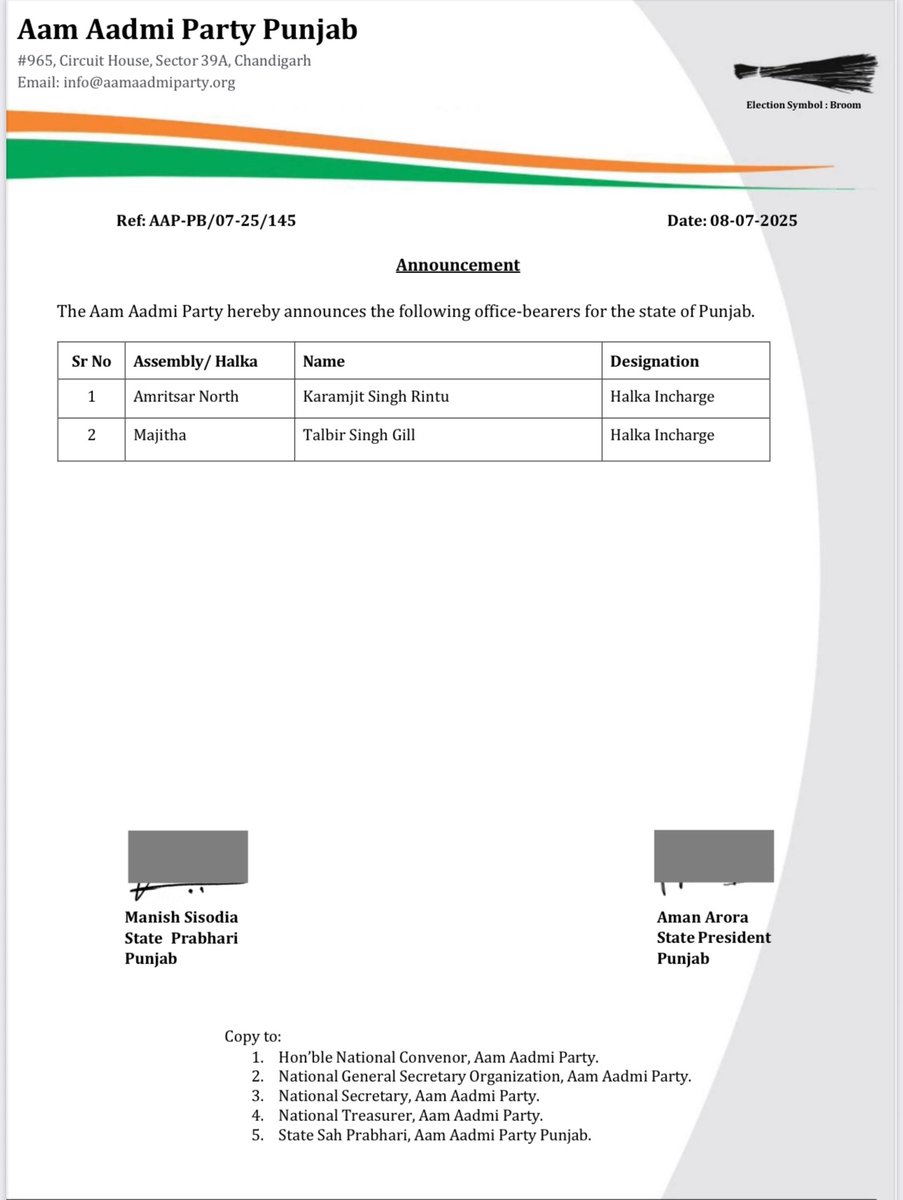 The Aam Aadmi Party hereby announces the following office-bearers for the state of Punjab.