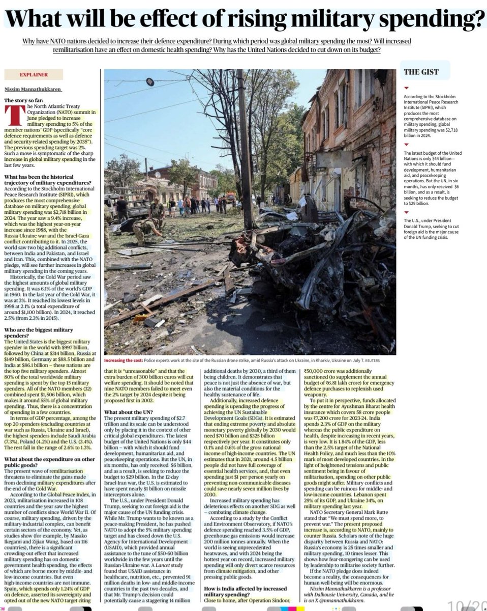 imRavikantYadav's tweet photo. 'What will be effect of rising military spending?'
:An informative article by Sh Nissim Mannathukkaren
@nmannathukkaren
#MilitarySpending #NATO
#USA #China #Russia #Germany #India
#SaudiArabia #Poland
#ColdWar
#ReMilitarisation #wars
#SDGs #Poverty
#ClimateChange
#UPSC https://t.co/4AwpfL4Zco