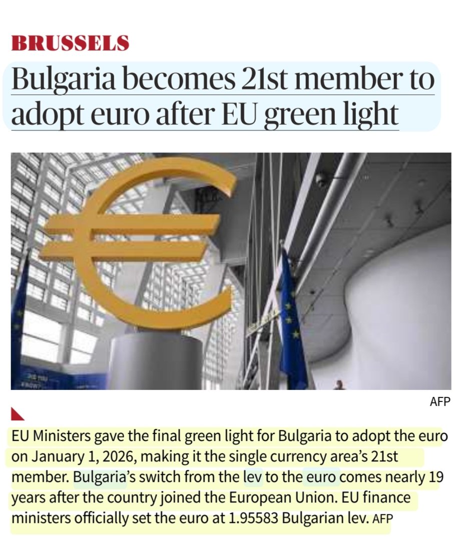 Ravikant Yadav (@imravikantyadav) on Twitter photo 'Bulgaria becomes 21st member to adopt Euro after EU green light'
:Details
#Bulgaria #Lev #Euro 
#EuropeanUnion #Brussels 
#UPSC 
Source: TH 'Bulgaria becomes 21st member to adopt Euro after EU green light'
:Details
#Bulgaria #Lev #Euro 
#EuropeanUnion #Brussels 
#UPSC 
Source: TH