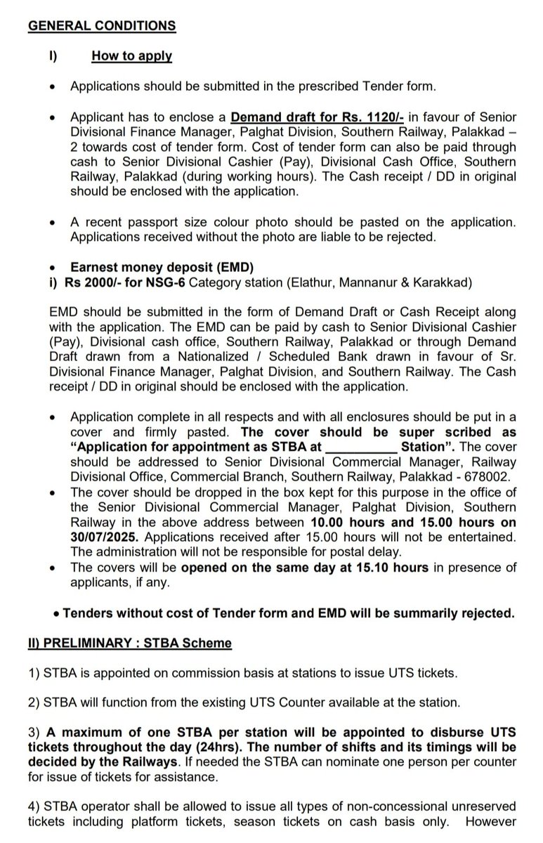 h_pongilath's tweet image. Engagement of Station Ticket Booking Agent #STBA  at #Elattur (ETR), #Karakad (KRKD), #Mannanur (MNUR) at #Kerala #Palakkad Division (District)..
(Apply through online - Southern Railways Tender page)

(1/2)