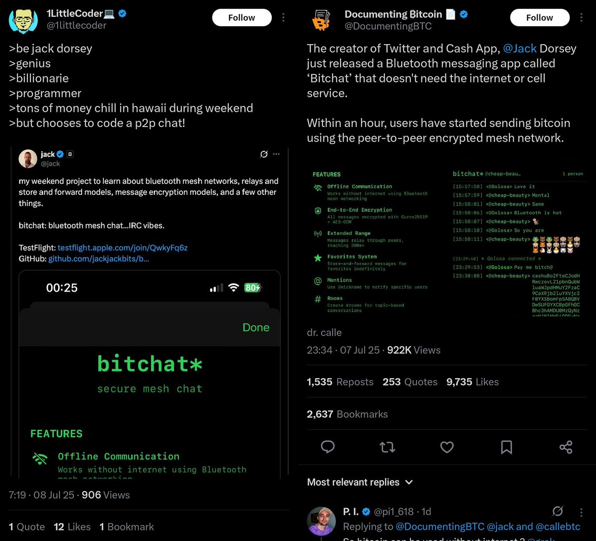 _TrendingCrypto's tweet photo. Bitchat is trending because Jack Dorsey, co-founder of Twitter and CEO of Block, launched a decentralized messaging app that works without internet or cell service. Announced on July 7, the app uses Bluetooth Low Energy (BLE) to create a mesh network for encrypted, peer-to-peer communication — no accounts, no servers, and no personal data required.

The app’s beta version, released via Apple TestFlight, filled all 10,000 tester spots almost instantly, reflecting strong demand. Tech and privacy communities are especially interested in Bitchat’s use cases in protests, natural disasters, or remote areas — places where traditional networks fail. Many users are praising its minimalist, IRC-style interface and fast, local message relay.

Some posts claim the app enables Bitcoin transfers, though that hasn’t been officially confirmed. What’s clear is that Bitchat fits squarely into Dorsey’s broader push for decentralized, censorship-resistant platforms, alongside projects like Bluesky and Damus — and it's gaining serious traction online.

Follow @_TrendingCrypto and turn on notifications 🔔 for explanations of trends on CT as they unfold!

#BTC #Bitchat #Dorsey