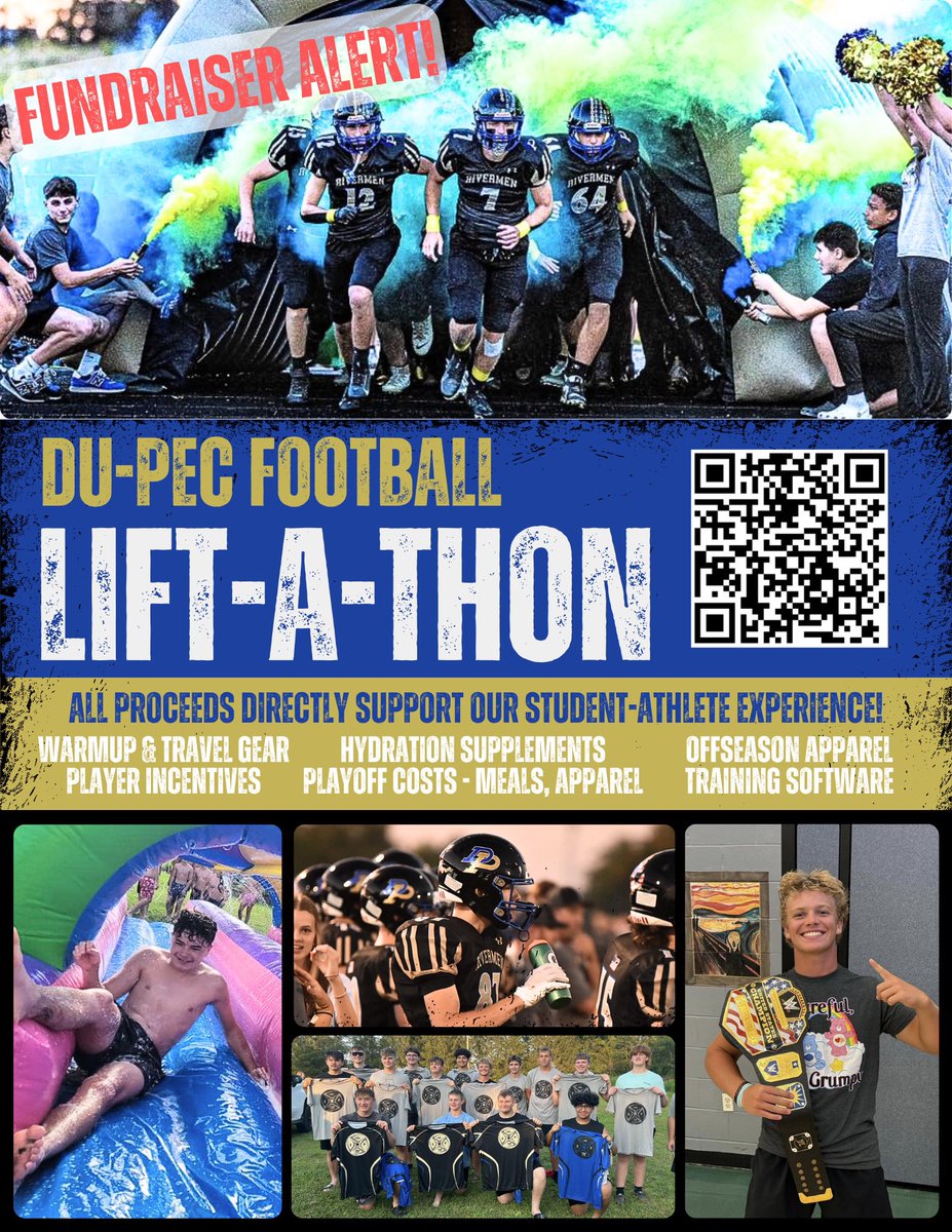 Du-Pec Football (@dupecrivermen) on Twitter photo ONE MORE SLEEP until Lift-a-Thon 2025!
Wednesday 7/9 - 5pm - Durand High School
We recently surpassed our original goal and are still climbing! There's time left to donate!
Thank you to everyone who has donated so far!
<a href="/NUICFootball/">NUIC Football</a> <a href="/NUICAllAccess/">NUIC All-Access</a>
raise.snap.app/donate/dupecfo… ONE MORE SLEEP until Lift-a-Thon 2025!
Wednesday 7/9 - 5pm - Durand High School
We recently surpassed our original goal and are still climbing! There's time left to donate!
Thank you to everyone who has donated so far!
<a href="/NUICFootball/">NUIC Football</a> <a href="/NUICAllAccess/">NUIC All-Access</a>
raise.snap.app/donate/dupecfo…