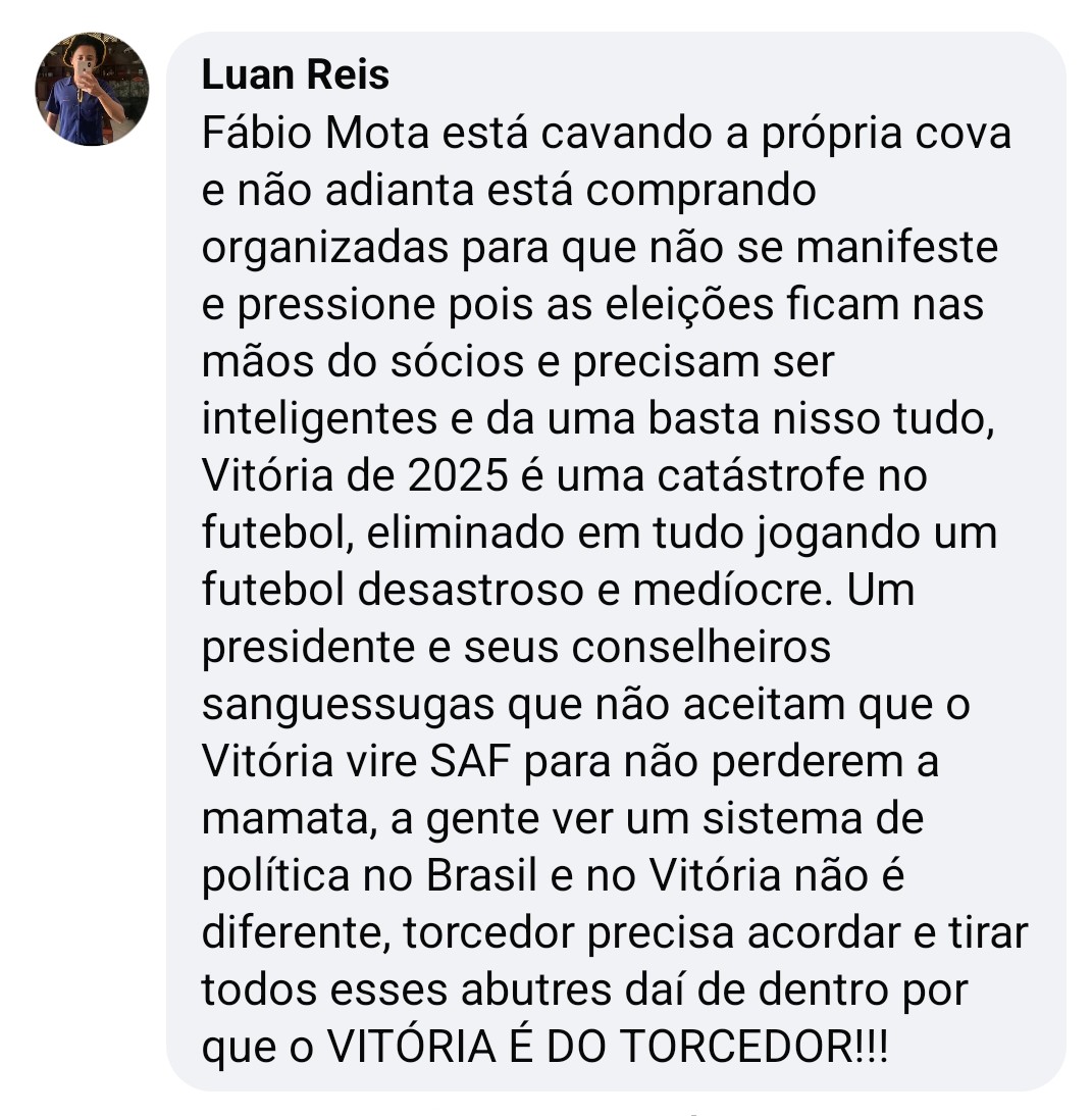 Perdi a paciência de vez com essa gestão em 2025, esse sistema no Vitória precisa acabar ou vamos ficar o resto da vida nesse vai e vem, e não adianta torcedor que pensa pequeno vim falar merda e defender o presidente de estimação dele, O Vitória tem que brigar por títulos!!!