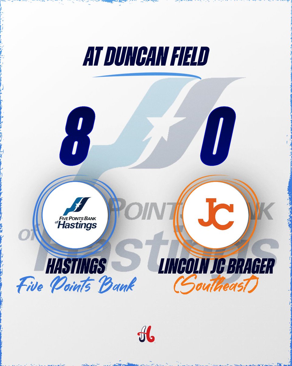 at Duncan Field

Final
Hastings Five Points Bank (22-7) - 8
Lincoln (Southeast) JC Brager - 0
W: Landon Hinrichs
2B: Jackson Sughroue
Sughroue 4-4 2B
Isaiah Shaw 2-3
Kaleb Wahlmeier 3-4 3-RBI

5Pts hosts the Johnny Hopp this weekend. They open on Friday at 6pm vs. Millard North.