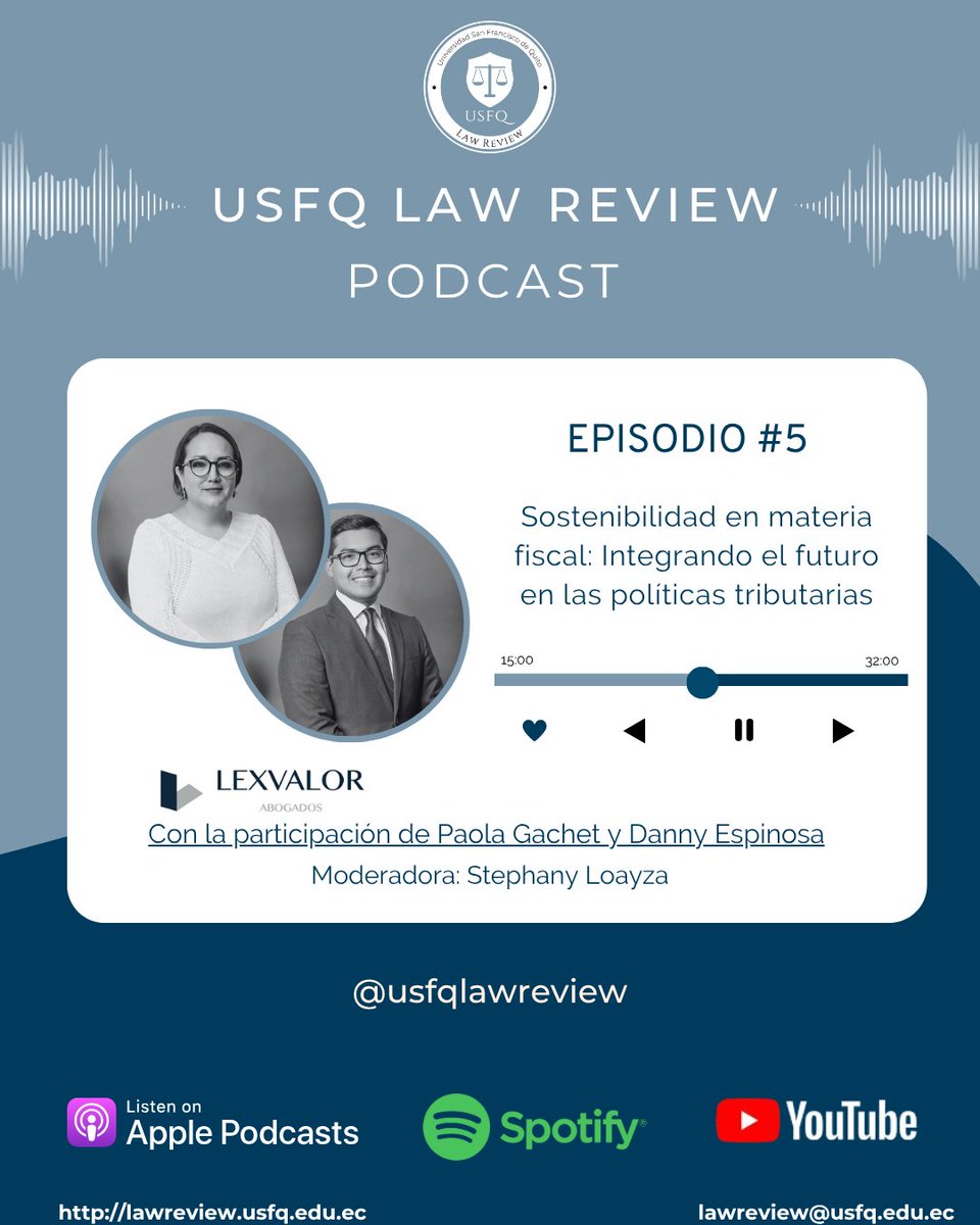 Episodio #5: En este episodio, exploramos la sostenibilidad en materia fiscal.
Con la participación de:

 📌 Paola Gachet - (Socia - Lexvalor Abogados)
📌 Danny Espinosa - (Asociado Senior - Lexvalor Abogados)

🎙️ Stephany Loayza- Editora Junior USFQ Law Review