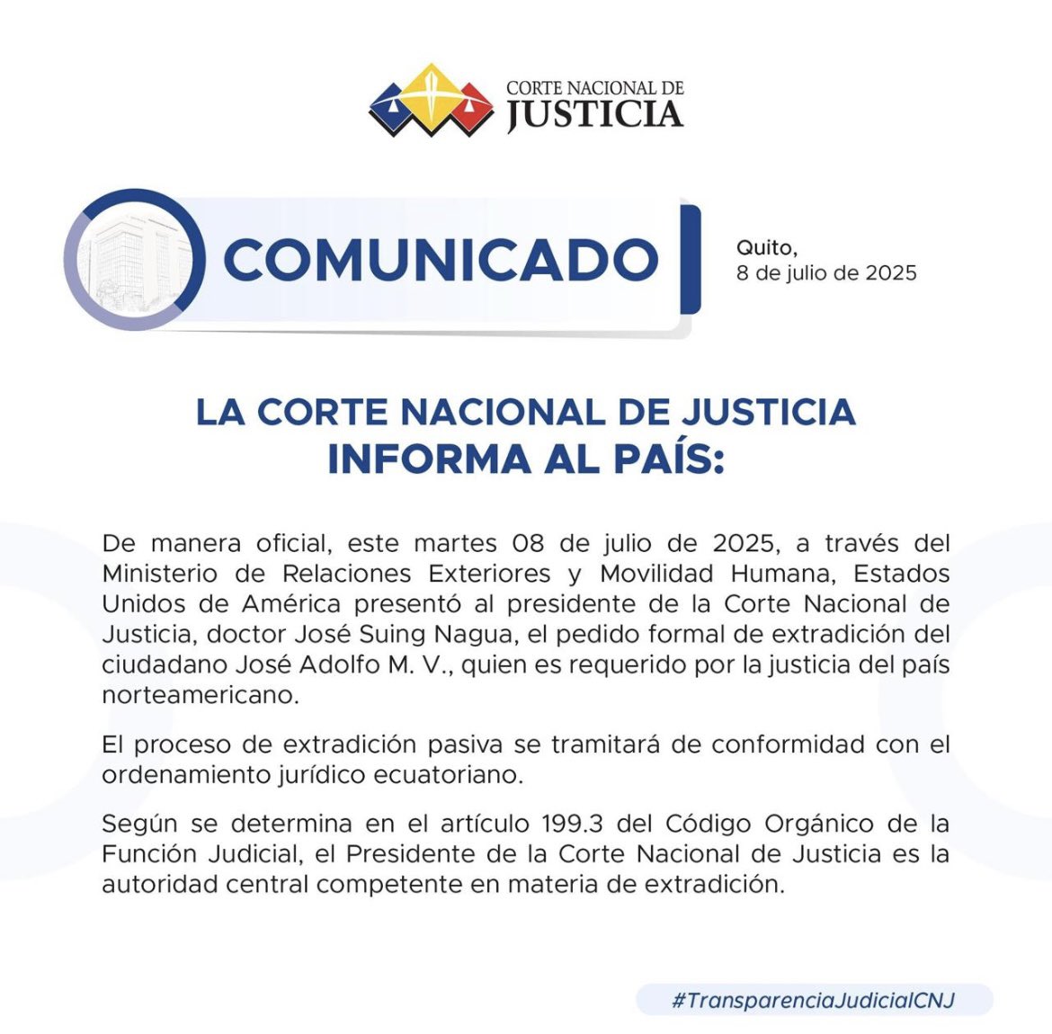 camRenata_'s tweet photo. Este martes 8 de julio, EE. UU. presentó formalmente al presidente de la @CorteNacional, José Suing, el pedido de extradición del ciudadano Adolfo Macías. El trámite se realizará conforme la competencia del titular de la CNJ, según el artículo 199.3 del COFJ. https://t.co/K6GeeWX6xj
