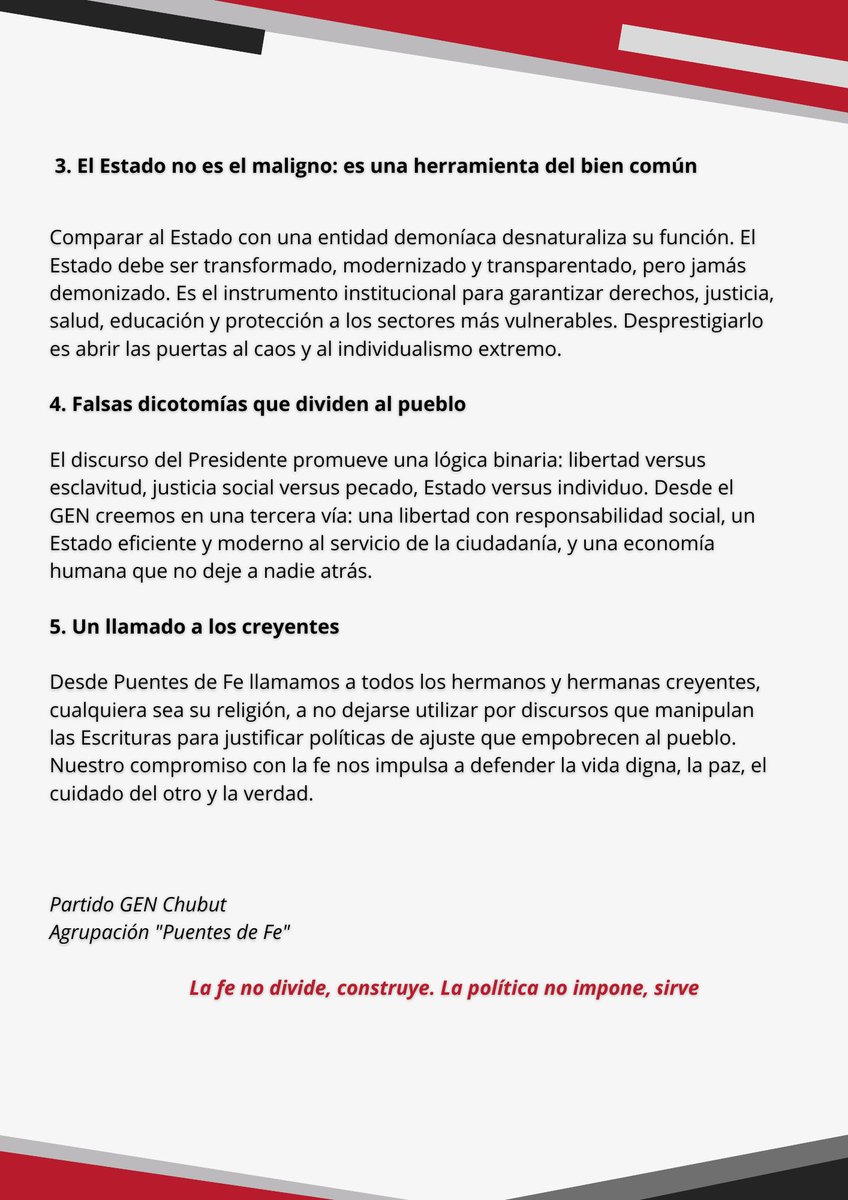📌𝐂𝐎𝐌𝐔𝐍𝐈𝐂𝐀𝐃𝐎, desde la 𝐀𝐆𝐑𝐔𝐏𝐀𝐂𝐈𝐎́𝐍 "𝐏𝐔𝐄𝐍𝐓𝐄𝐒 𝐃𝐄 𝐅𝐄", del Partido GEN, distrito Chubut.