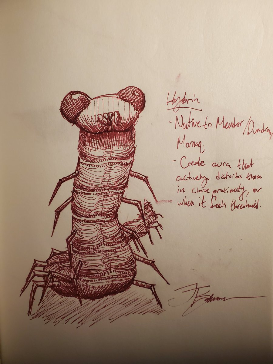 jt_salmon's tweet image. Some creatures evolve to be stronger; other become faster, but hybrin just grow creepier. These bugs emit an aura of dread, that causes predators to feel uneasy, and prey to freeze in terror. They&apos;re considered a bad omen to many in Permius.

#indieauthor #conceptart #drawingart